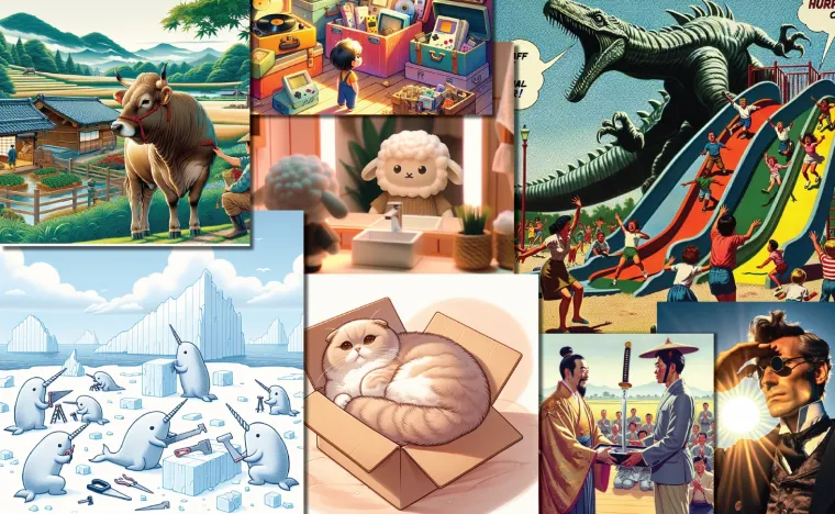 A collage of AI-generated mnemonic images: a farm ox, narwhals cutting ice, a sheep at a sink, a monster on a playground slide