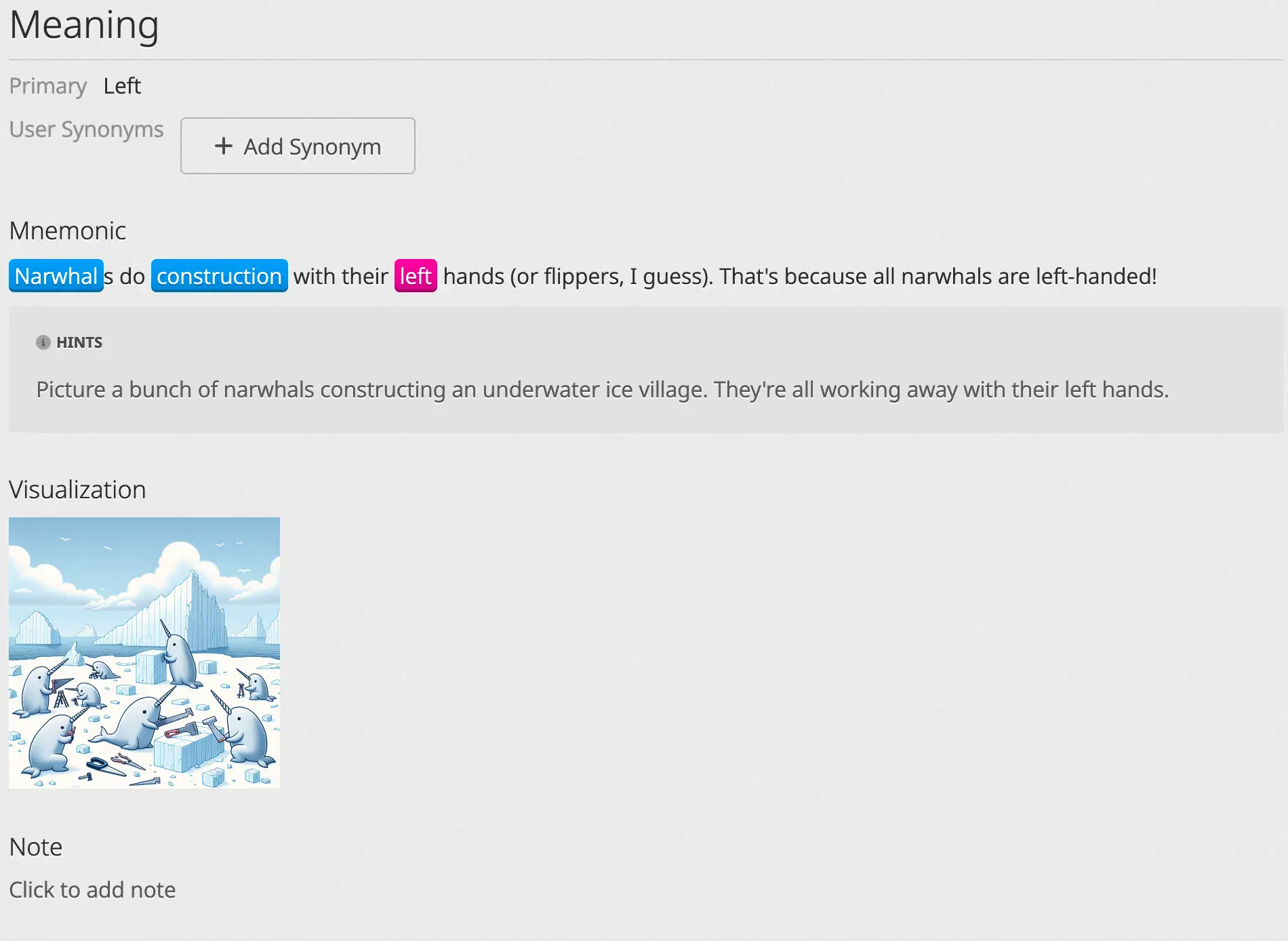Mock-up of a Visual section with a mnemonic image on the WaniKani dictionary page