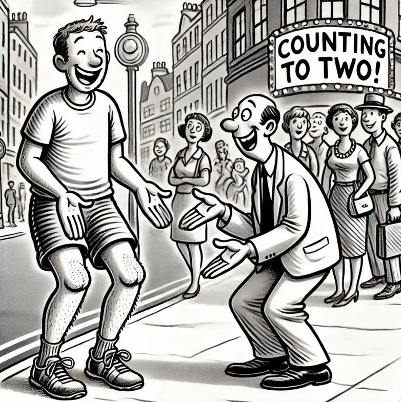 A stranger in the street offering his knees while holding up two fingers