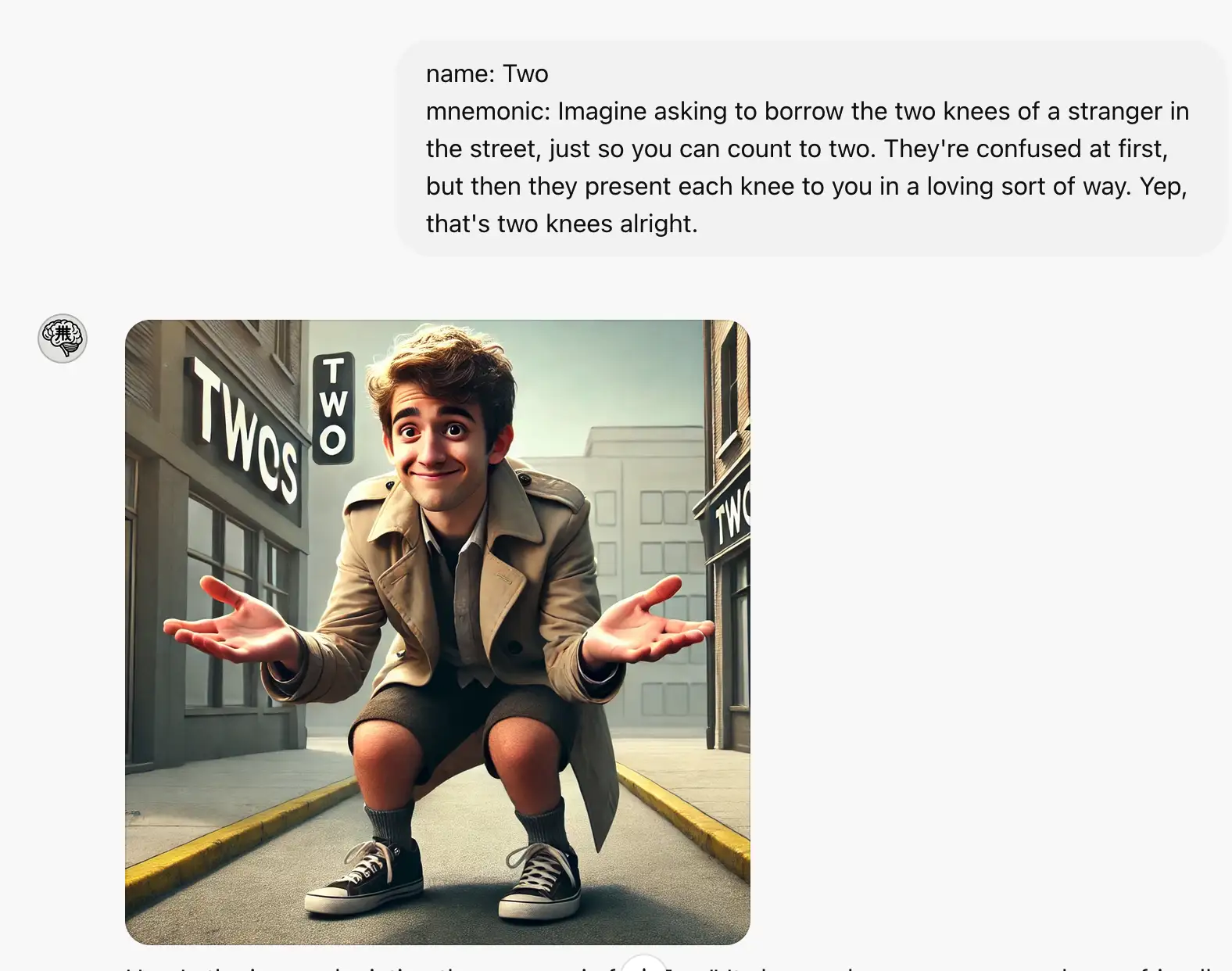 A chat with the Custom GPT producing a mnemonic image for “Two”, read as “ni” (knee)